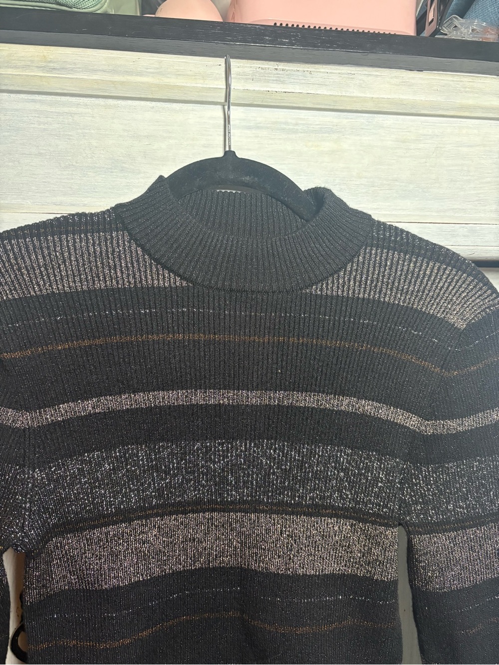 House Of Harlow Black Metallic Striped Mockneck Sweater Preppy Office Basic - Picture 4 of 6